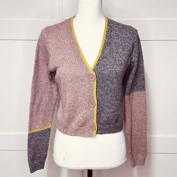 525 America Small Pink Purple Knit Color Block Crop Long Sleeve Cardigan Sweater - Picture 1 of 5